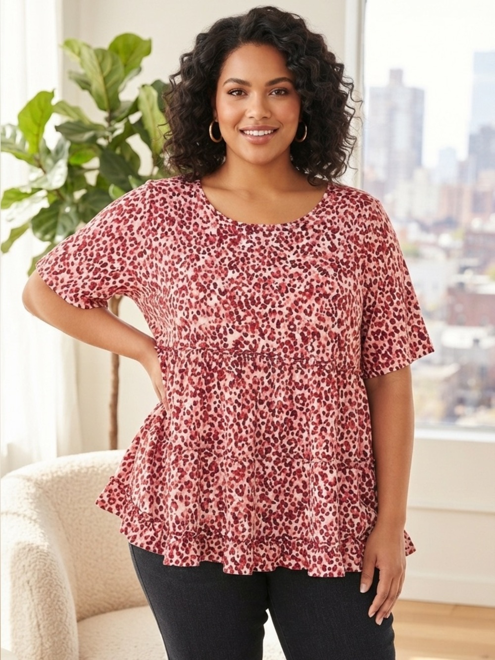 Beeson River Pink Leopard-Print Ruffle-Hem Tunic
